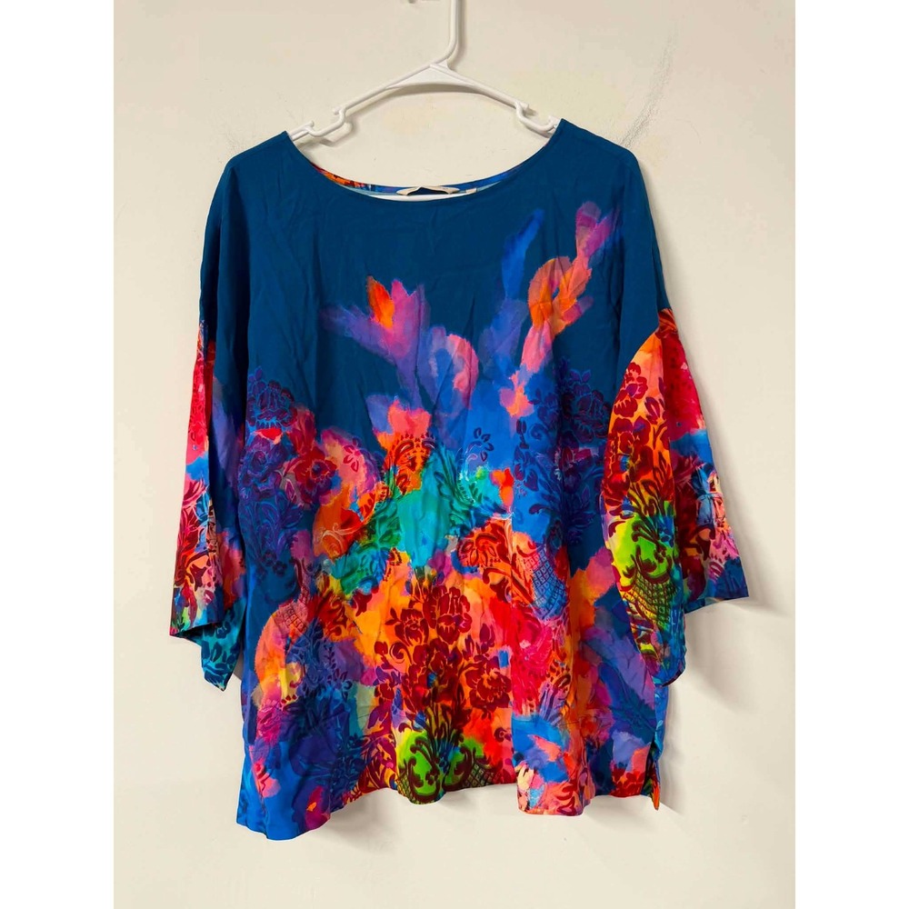 Soft Surroundings Womens S Blue Floral Top 3/4 Sleeve Watercolor Print 2EZ34